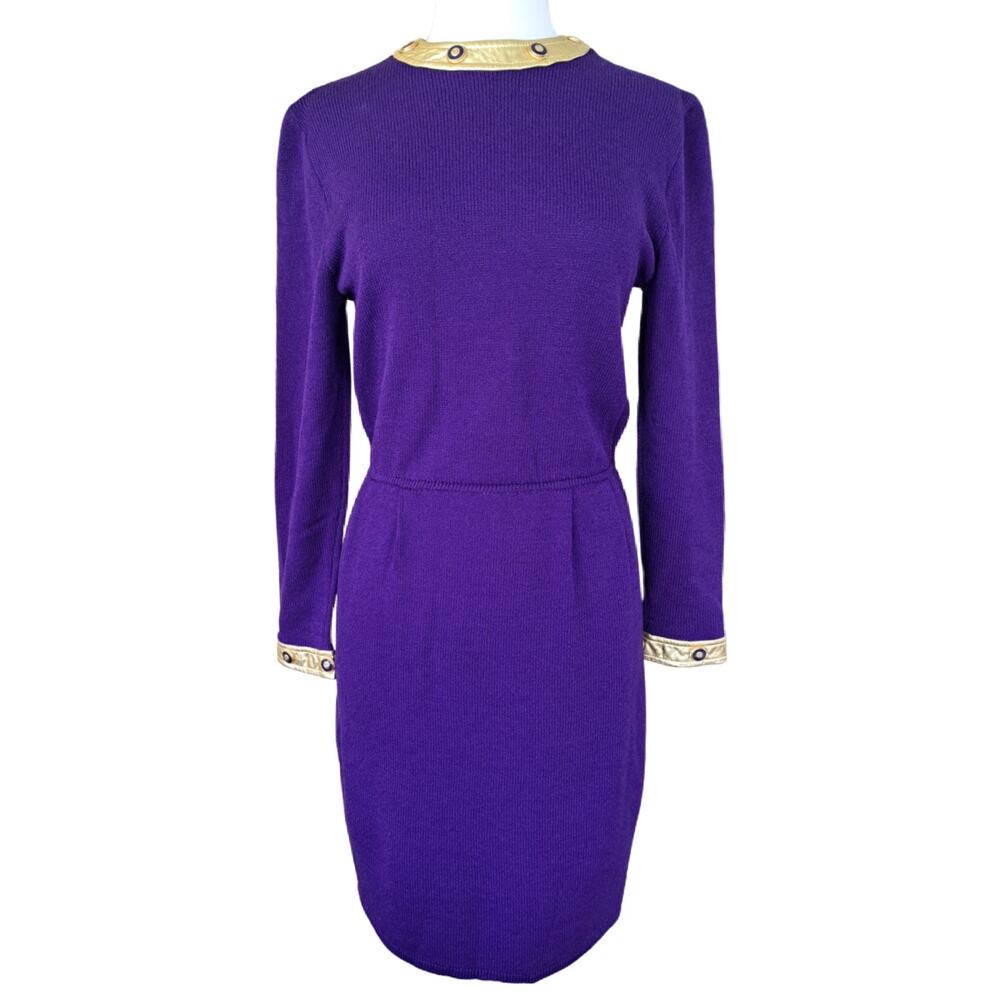 Vintage St John Knits Purple Santana Knit Gold Leather Trim Dress  6 Long Sleeve